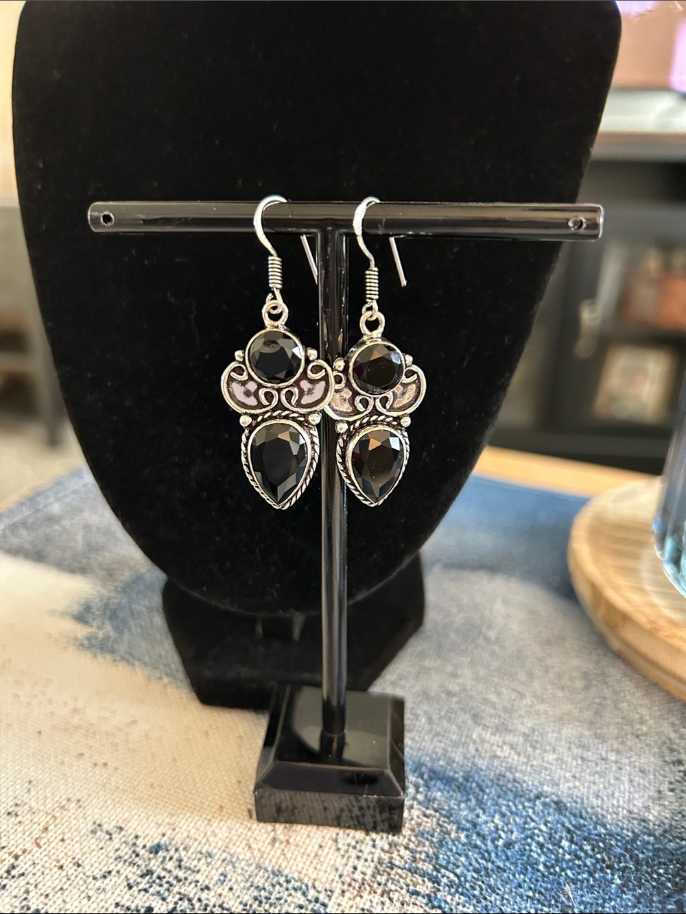 Sterling Silver Black Onyx Teardrop Dangle Earrings